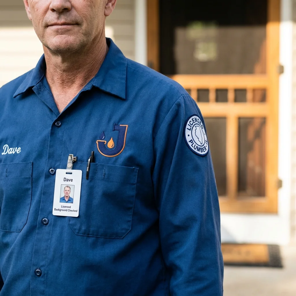 Licensed plumber showing ID badge in Jurupa Valley, CA