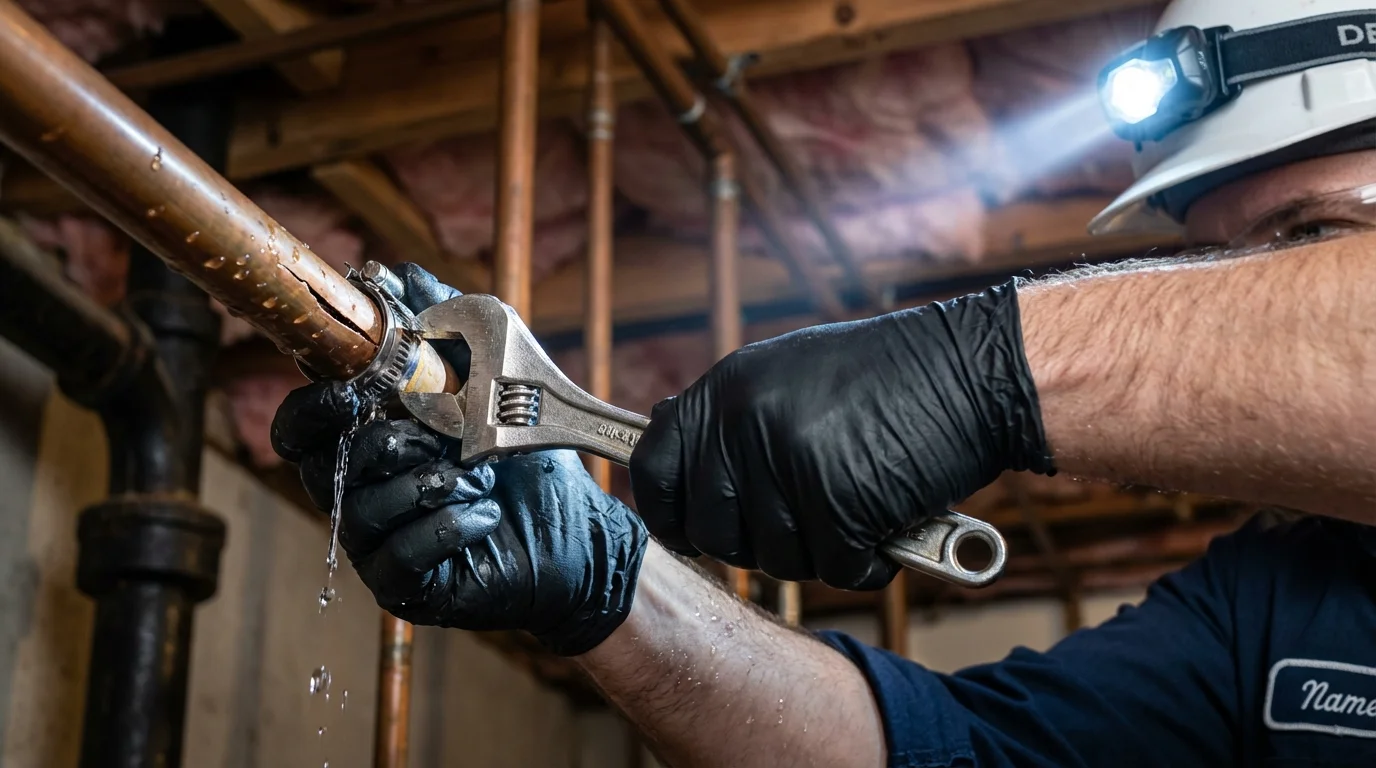 Emergency pipe clamp repair being performed by a Johns Plumbing LLC plumber in Jurupa Valley