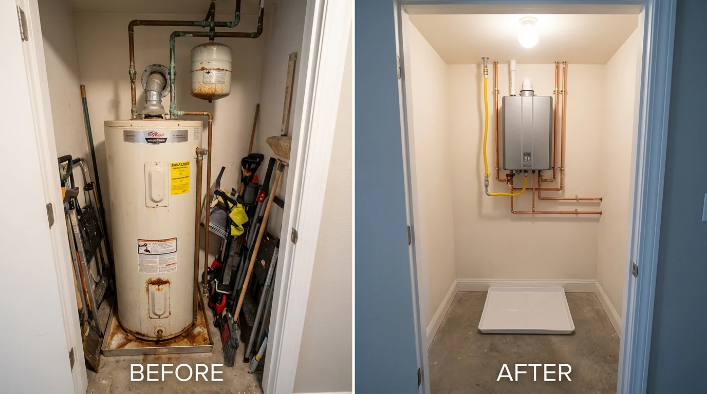 Tank water heater versus wall-mounted tankless unit comparison for Jurupa Valley, CA homeowners