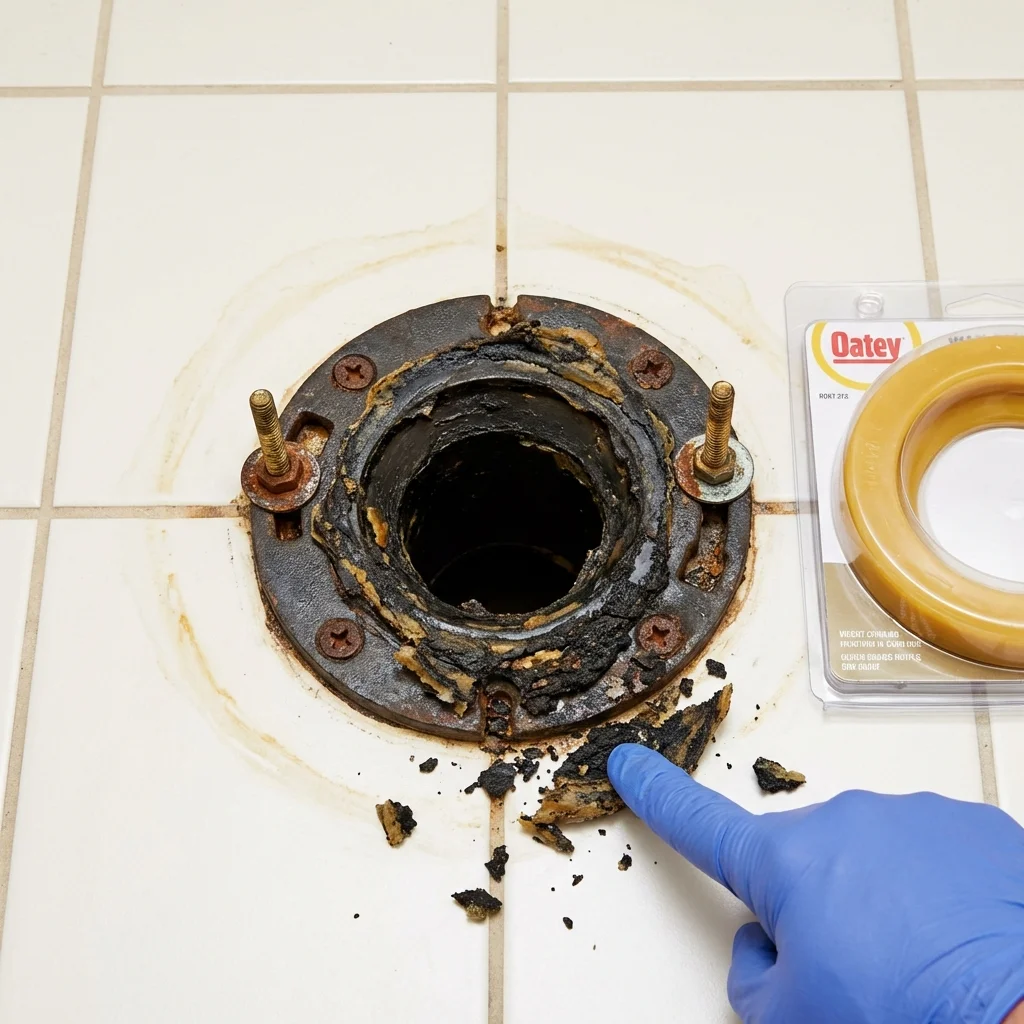 Failed wax ring showing water seepage at the base of a toilet in a Jurupa Valley, CA home
