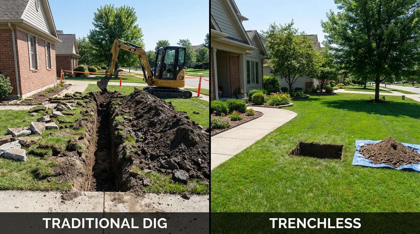 Trenchless sewer repair with minimal yard damage versus traditional excavation in Jurupa Valley, CA