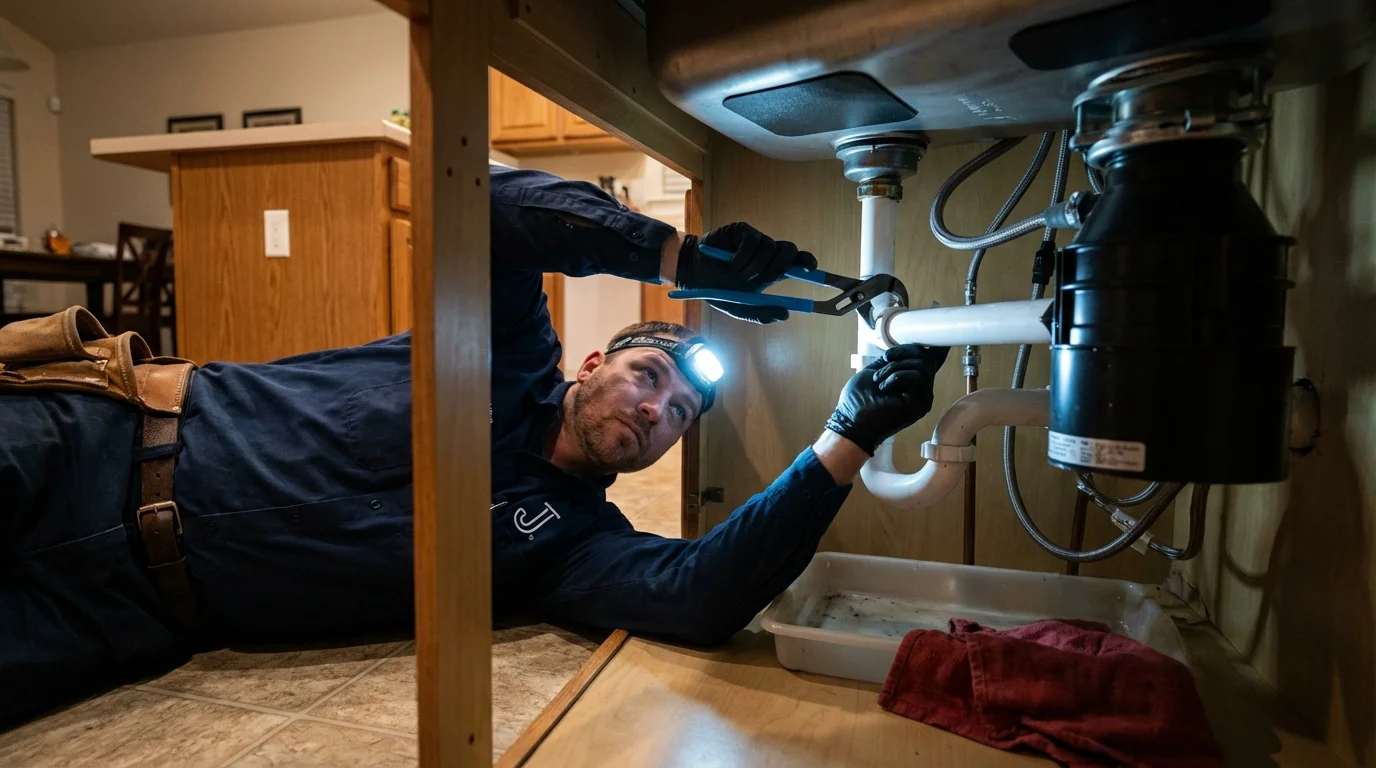 P-trap and supply line connections under a kitchen sink showing a common leak point in Jurupa Valley, CA